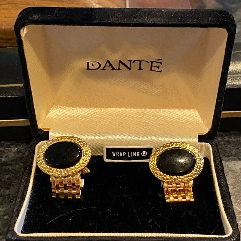 Vintage Dante Onyx Gold Wrap Around Mesh Cuff Links Boxed